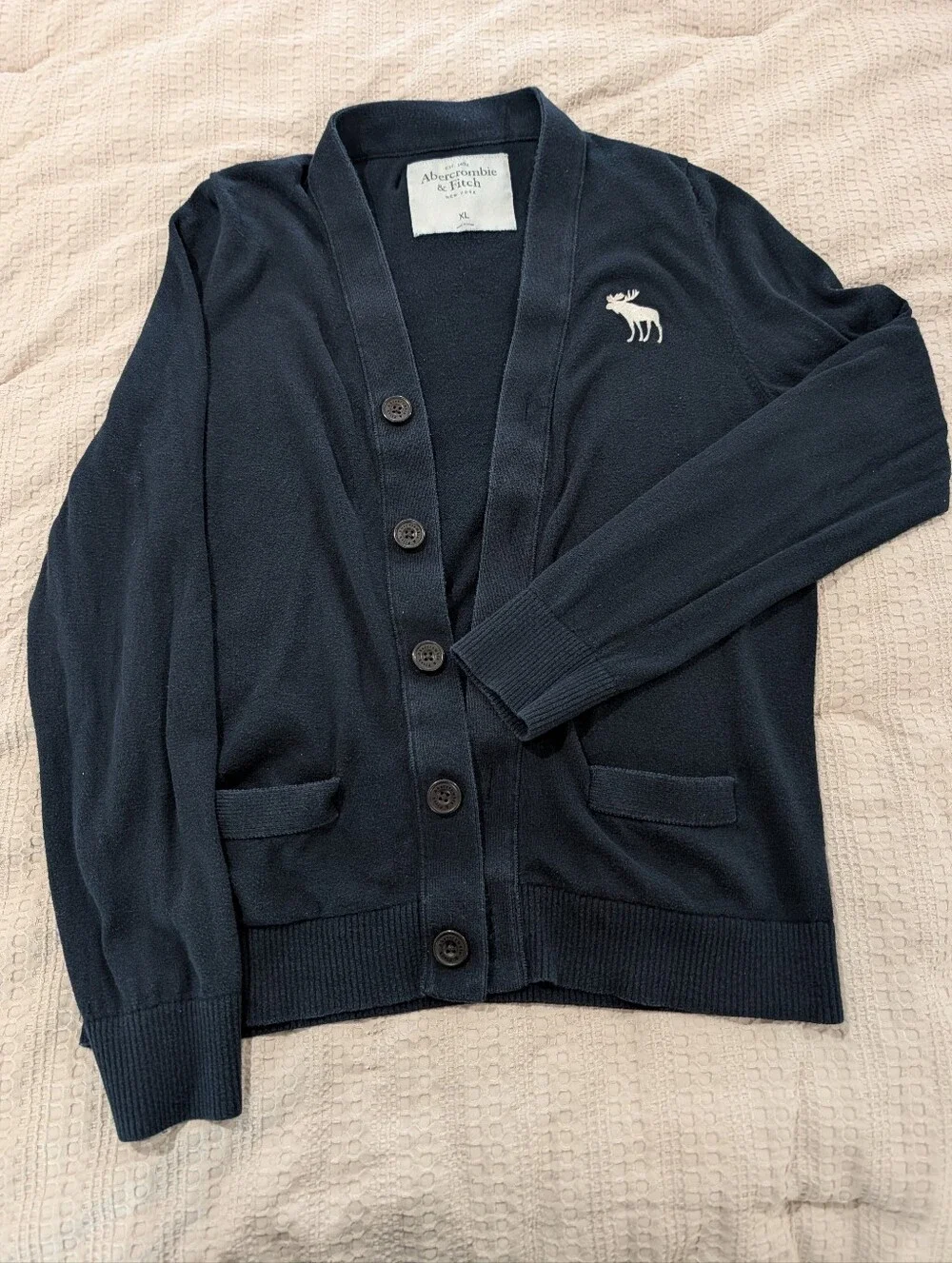Abercrombie & Fitch Navy Button Cardigan with Contrast Moose
